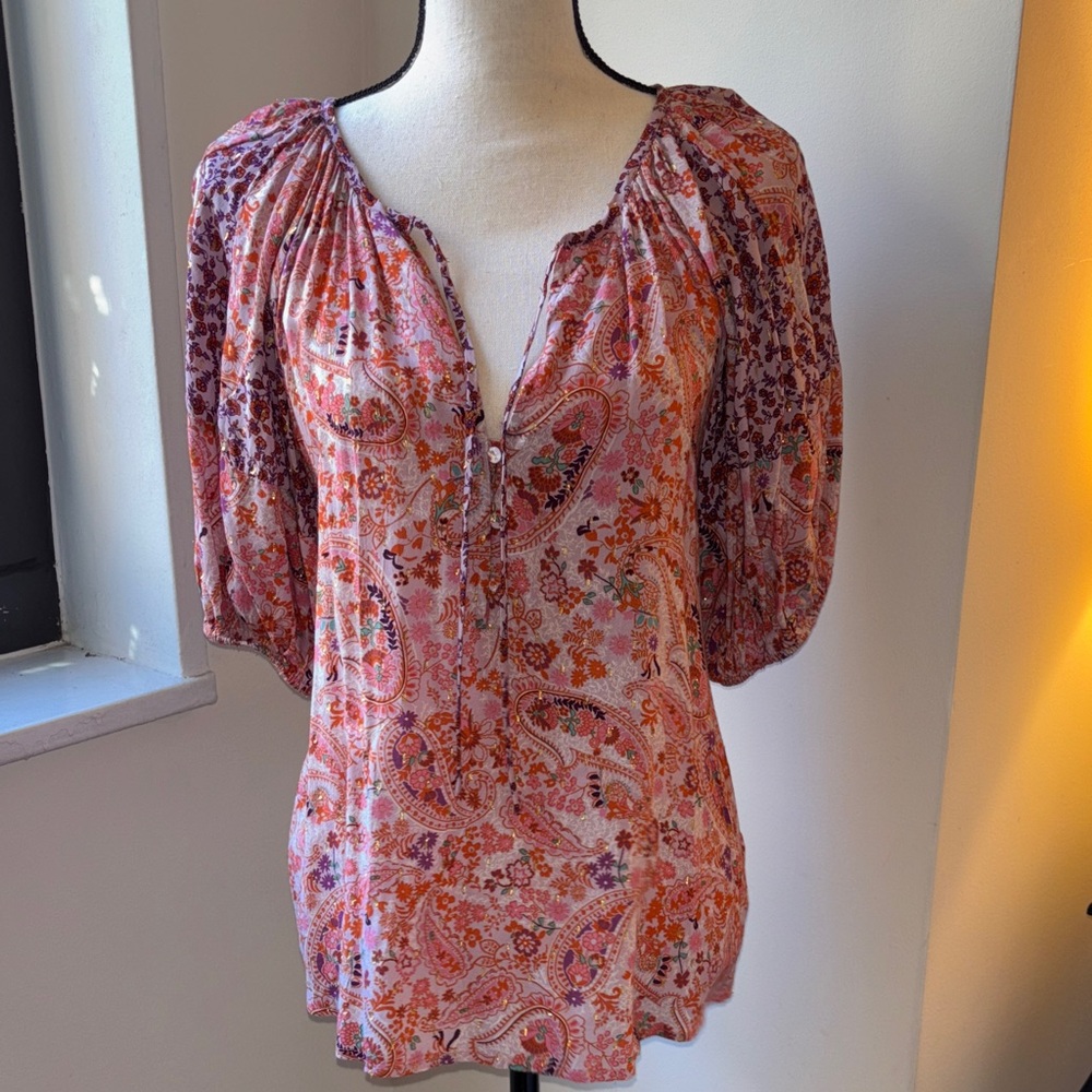 Pookie & Sebastian Elegant Soft Paisley Blouse with Gold Threading Sz S NWT